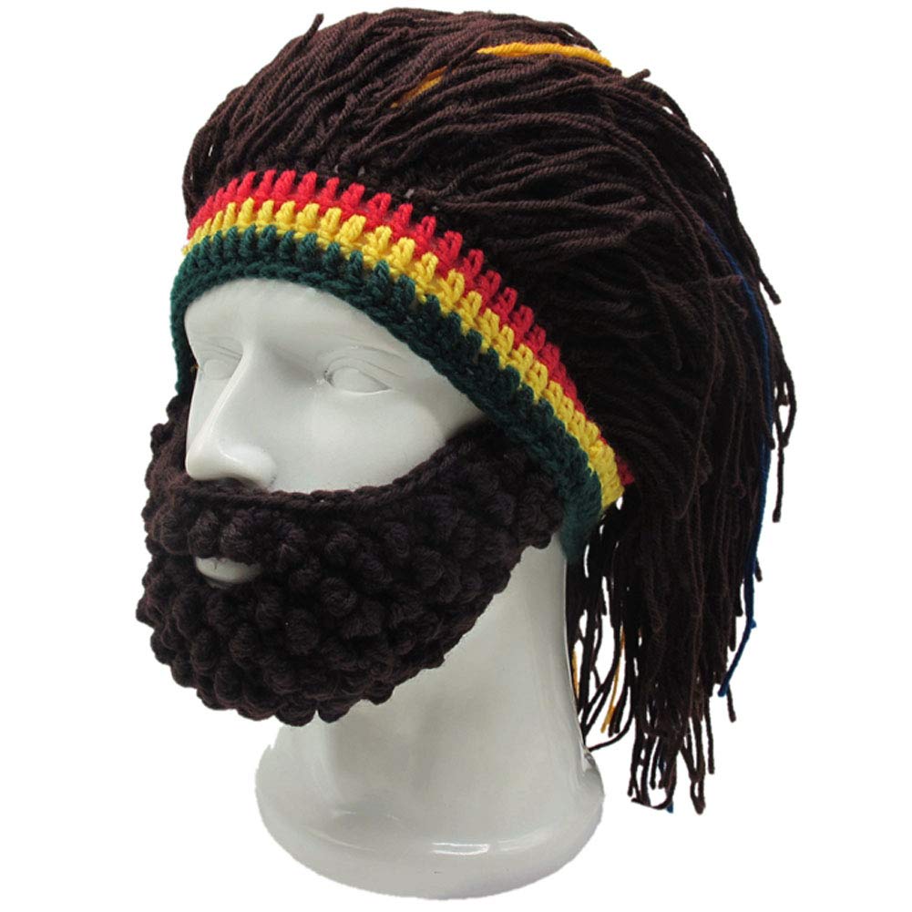 Creative Barbarian Knit Beard Hat Funny Knit Hat Wig Beanie Hat Beard Facemask V-brown