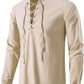 Men's Long Sleeve Shirts Retro Style Lace up for Medieval,Viking,Hippie Halloween Cosplay Pirate Renaissance Costume Small Khaki