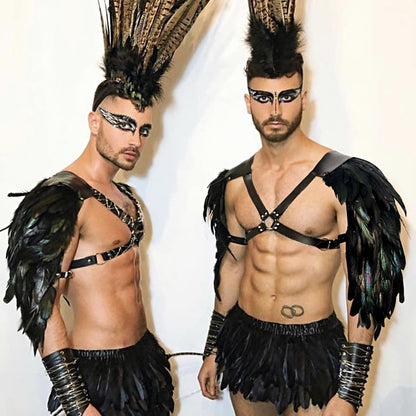 L'VOW Gothic Feather Harness Costume for Men Adjustable Faux PU Leather Shoulder Armor Medieval Guards for Halloween Cosplay Black