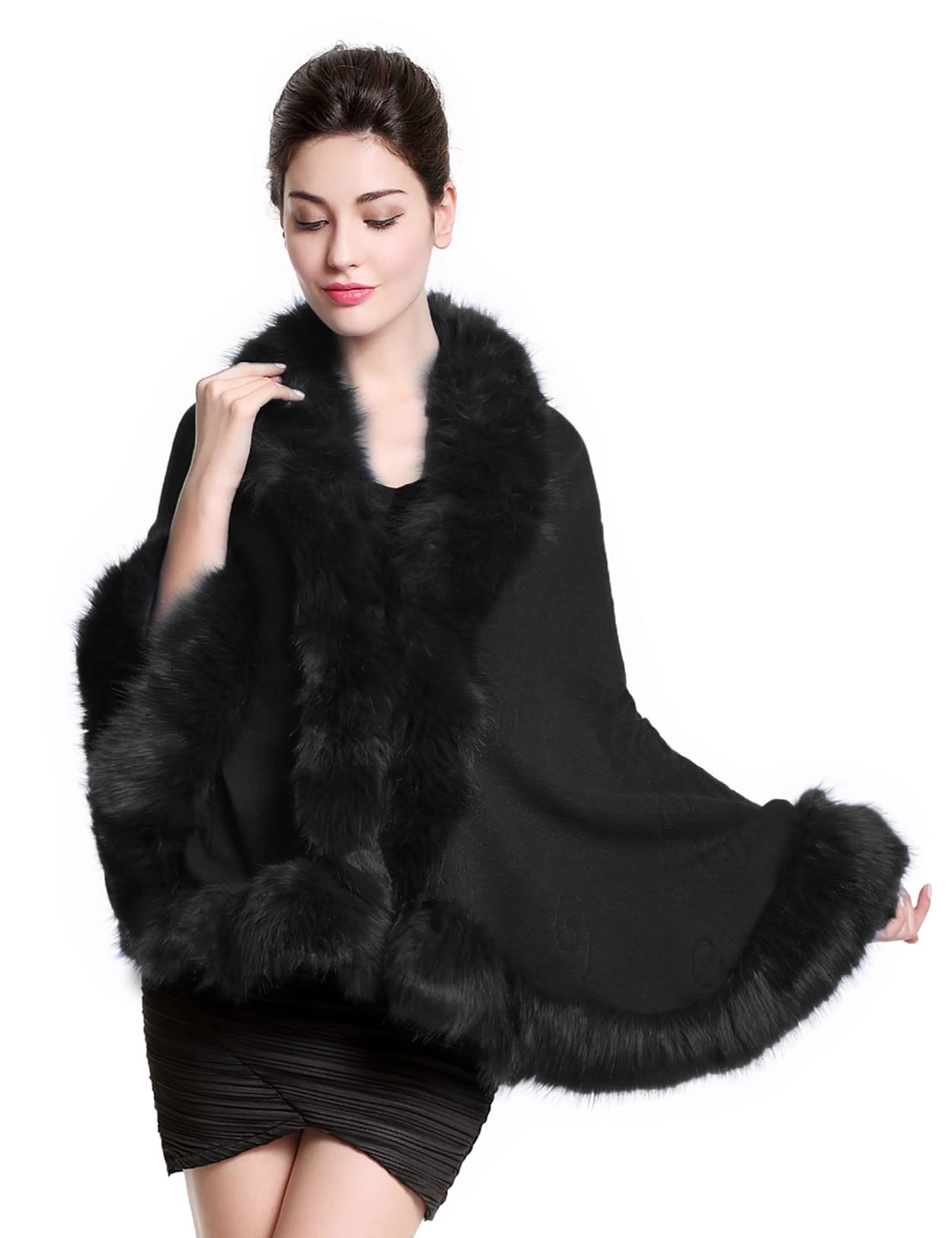 Faux Fur Shawl Wrap Stole Capelet Bridal Winter Wedding with Hook Hooded-black