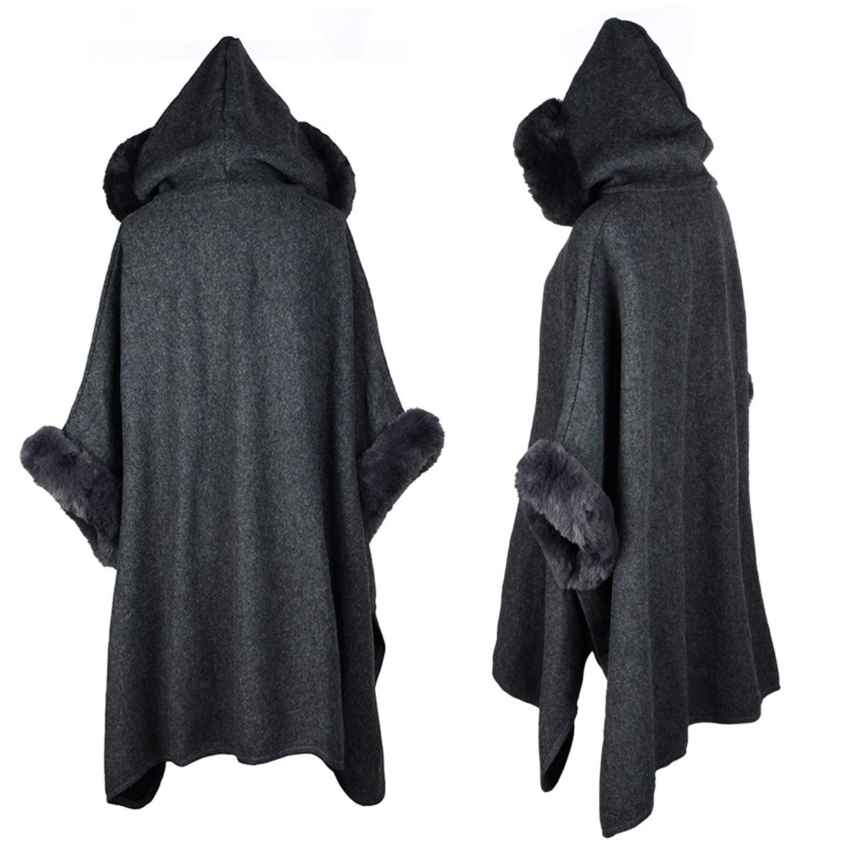 Fur-Lined Leather Closure Wool Half-Cloak with Hood