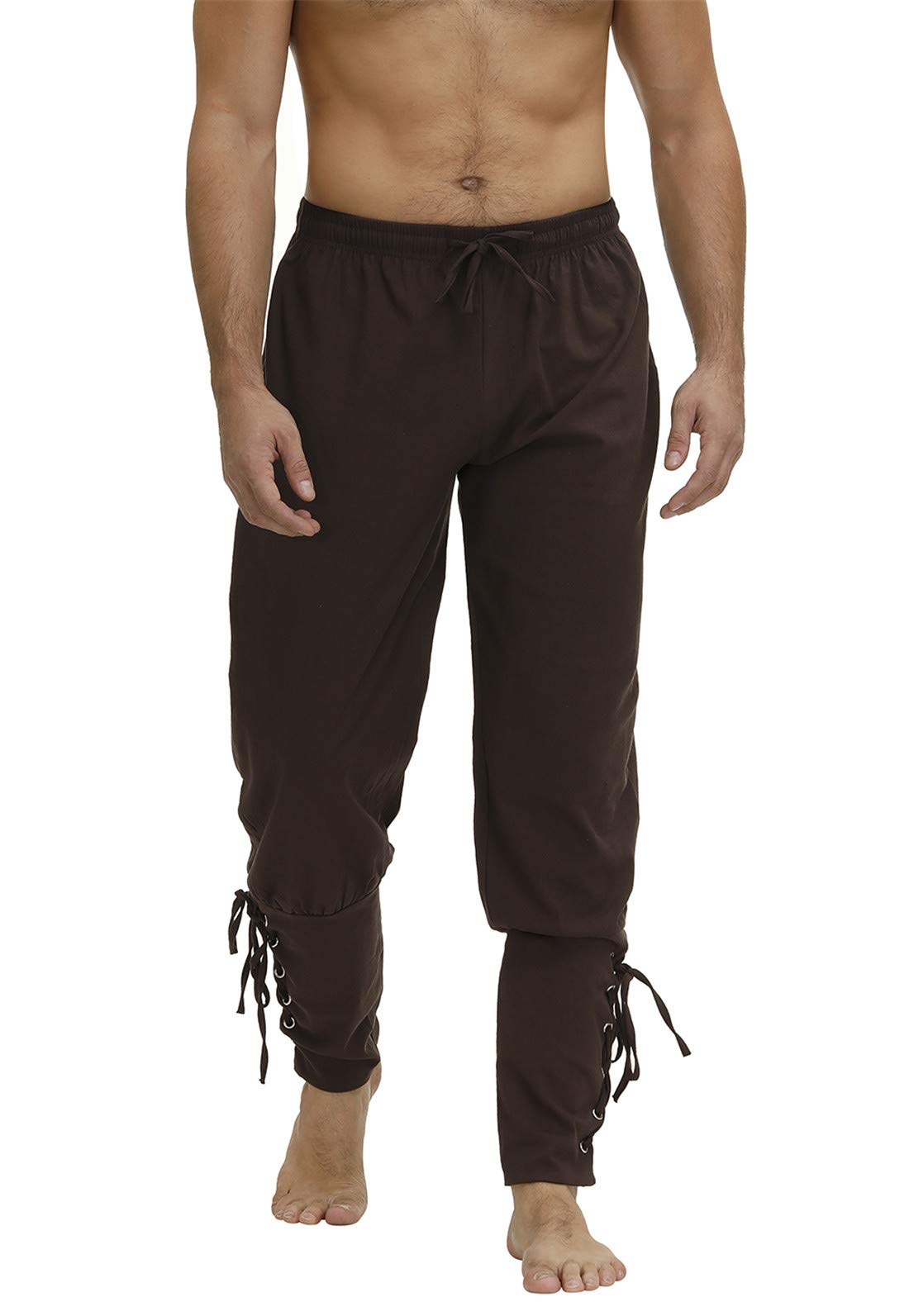 Men's Ankle Banded Cuff Renaissance Pants Medieval Viking Navigator Trousers Pirate Cosplay Costume with Drawstrings 2X-Large Brown