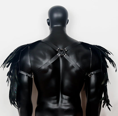 L'VOW Gothic Feather Harness Costume for Men Adjustable Faux PU Leather Shoulder Armor Medieval Guards for Halloween Cosplay Black