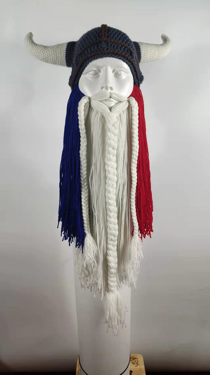 Viking Horned Beanie with Yarn Beard