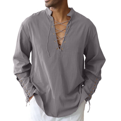 Men's Cotton Linen Shirt Drawstring Arm Banded Tops Medieval Viking Pirate Renaissance Halloween Costume 1X Black