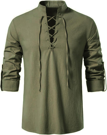 Men's Long Sleeve Shirts Retro Style Lace up for Medieval,Viking,Hippie Halloween Cosplay Pirate Renaissance Costume Small Khaki