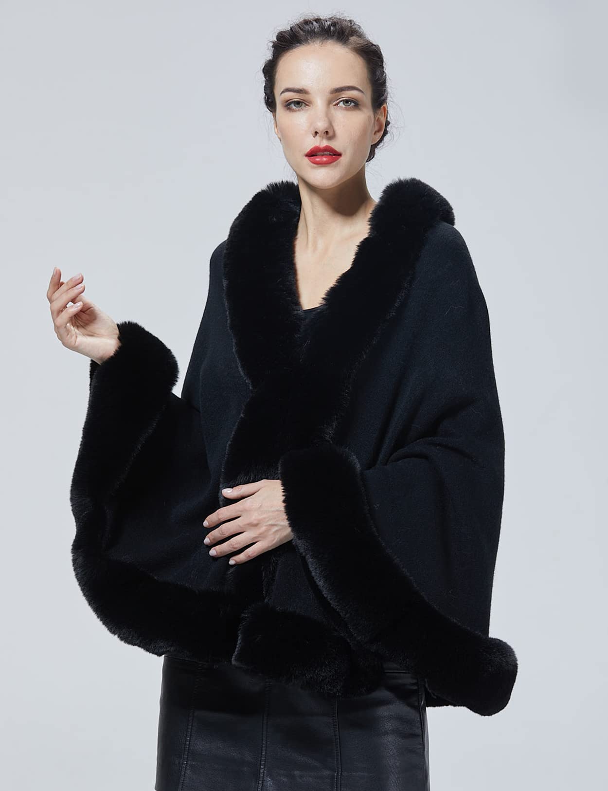 Faux Fur Shawl Wrap Stole Capelet Bridal Winter Wedding with Hook Hooded-black