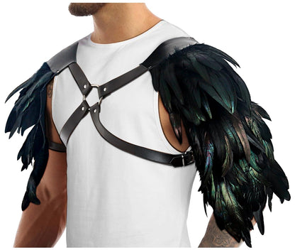 L'VOW Gothic Feather Harness Costume for Men Adjustable Faux PU Leather Shoulder Armor Medieval Guards for Halloween Cosplay Black