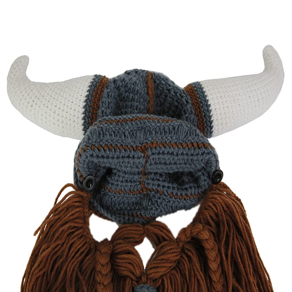 MerryJuly Men's Head Barbarian Vagabond Beanie Original Foldaway Beard Hats Viking Horns Bearded Caps One Size Viking Horns&brown Beard