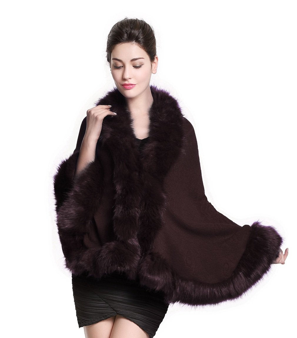 Faux Fur Shawl Wrap Stole Capelet Bridal Winter Wedding with Hook Hooded-black