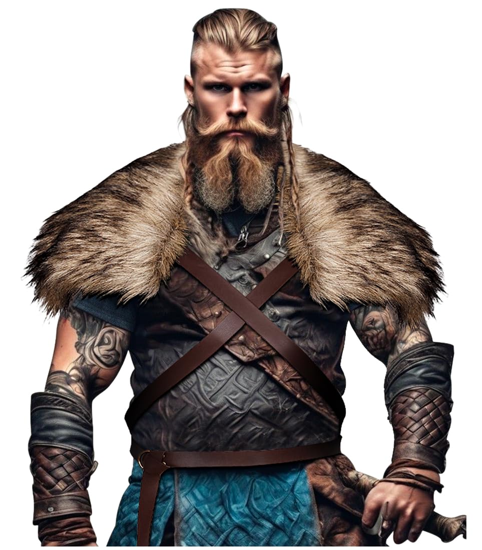 L'VOW Men's Viking Fur Collar Medieval Renaissance Wrap King Warrior Cape Shawl Halloween LARP Winter Cosplay Costume Brown-1