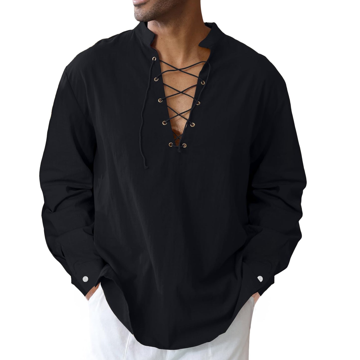 Men's Cotton Linen Shirt Drawstring Arm Banded Tops Medieval Viking Pirate Renaissance Halloween Costume 1X Black