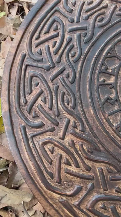 Handcarved Birch Viking Shield with Nordic Vegvisir Symbol, 24"