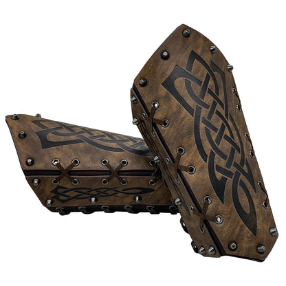 HiiFeuer Medieval Embossed Arm Bracers, Retro Faux Leather Knight Arm Gauntlets, Vintage Renaissance Arm Guards Brown C