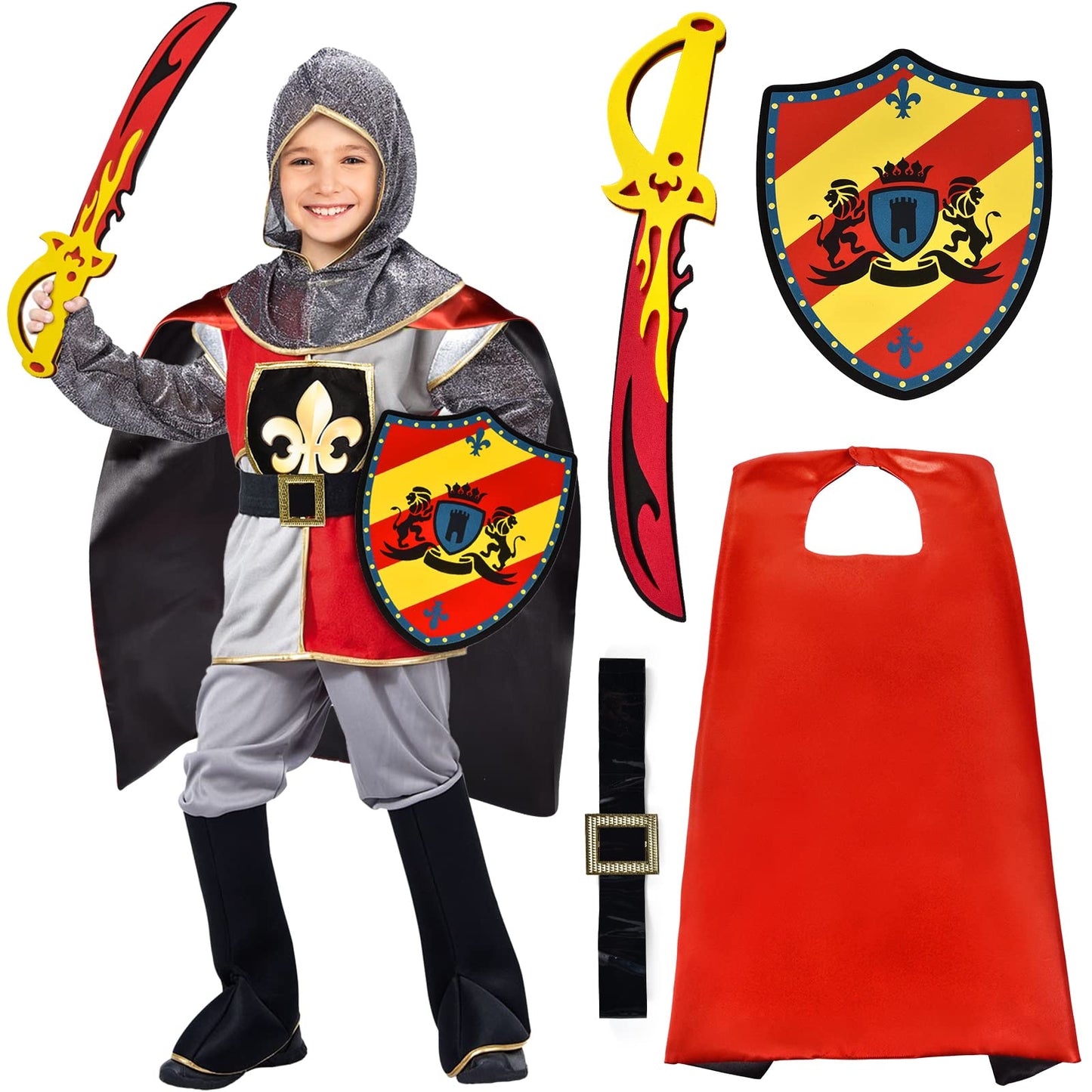 Latocos Knight Costume for Boys Medieval Dress Up Halloween Costumes Role Play Set Accessories Sword Cape Shield for Kids