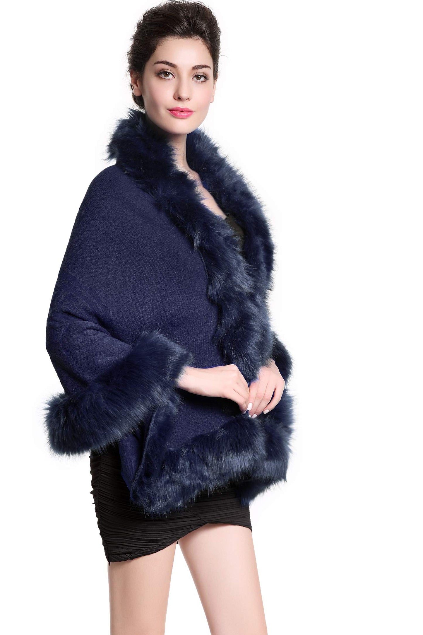 Faux Fur Shawl Wrap Stole Capelet Bridal Winter Wedding with Hook Hooded-black