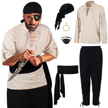Leumoi 6 Pcs Men's Pirate Costume Men's Renaissance Medieval Viking Shirt Banded Pants Bandana Sash Belt Eye Patch Earrings Small Apricot, Black, Wine Red