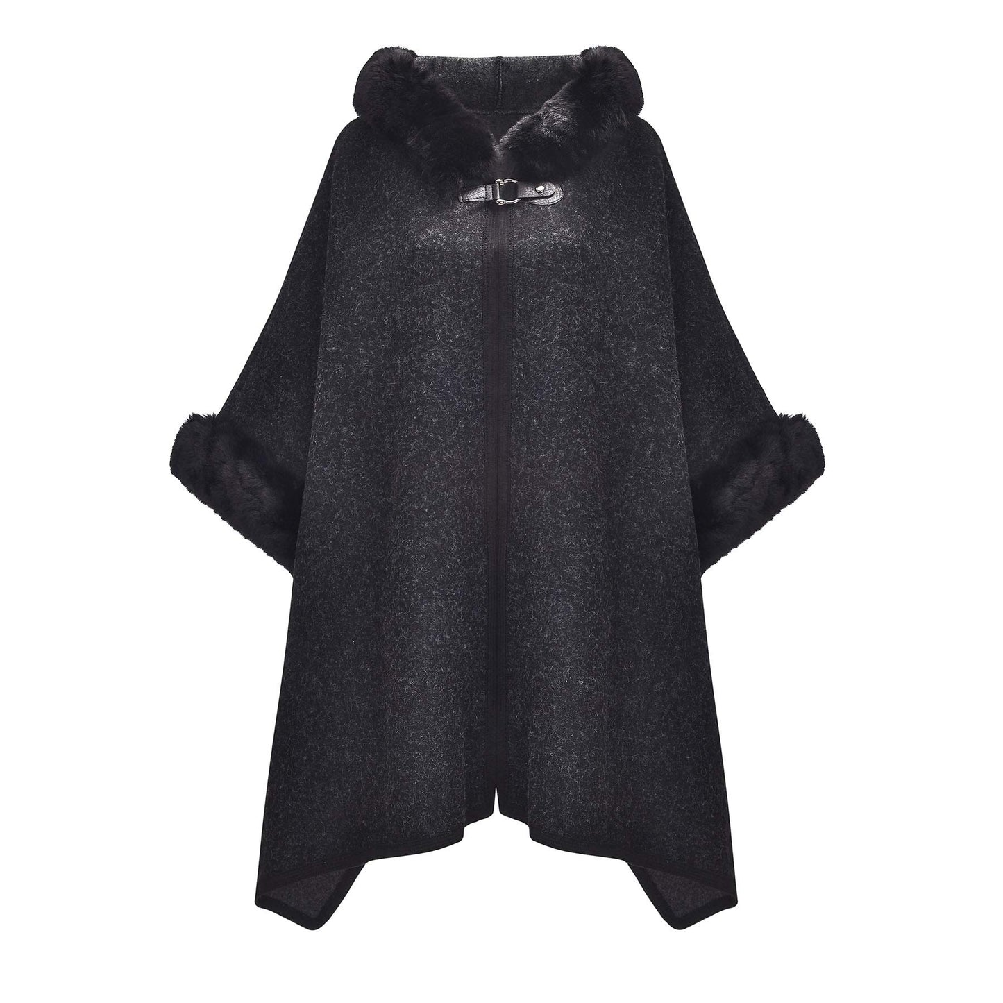 Women Winter Fashion Faux Fur Trim Layers Hooded Cardigan Warm Cape Sweater Cloak Navy