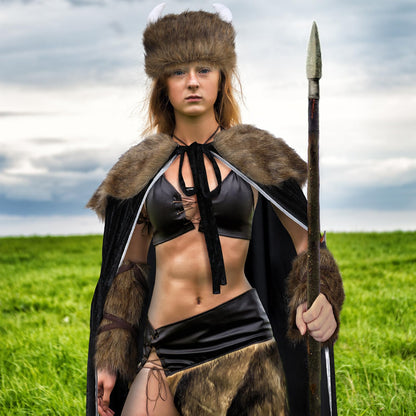 Jeyiour Women Viking Costumes Halloween Viking Warrior Costume Viking Costume with Faux Fur Collar Cape Hat Set for Women Halloween Cosplay Outfits
