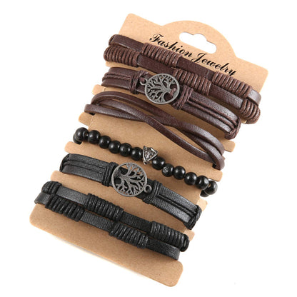 HZMAN Genuine Leather Tree of life Bracelets Men Women, Tiger Eye Natural Stone Lava Rock Beads Ethnic Tribal Elastic Bracelets Wristbands Classic Set