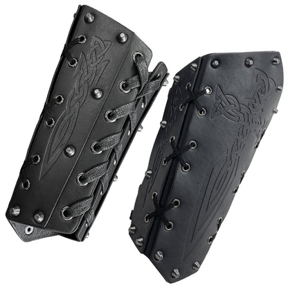 HiiFeuer Medieval Embossed Arm Bracers, Retro Faux Leather Knight Arm Gauntlets, Vintage Renaissance Arm Guards Brown C