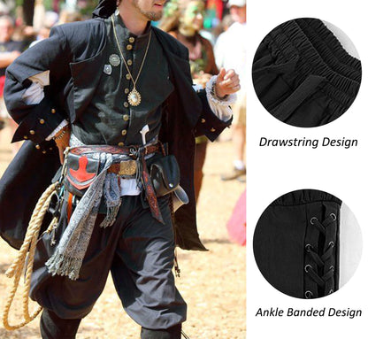 Men's Ankle Banded Pants Medieval Viking Navigator Pirate Costume Trousers Renaissance Gothic Pants Large Black-short