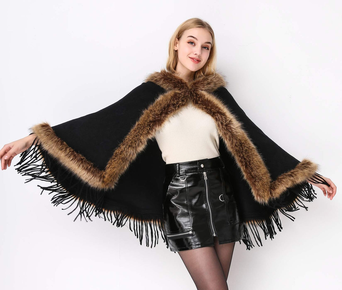 Faux Fur Shawl Wrap Stole Capelet Bridal Winter Wedding with Hook Hooded-black