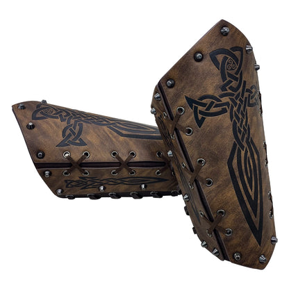 HiiFeuer Medieval Embossed Arm Bracers, Retro Faux Leather Knight Arm Gauntlets, Vintage Renaissance Arm Guards Brown C