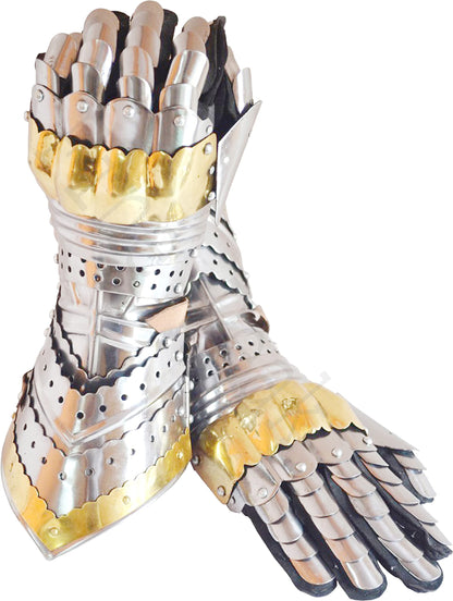 Medieval Articulated Gauntlets Gloves with Brass Work