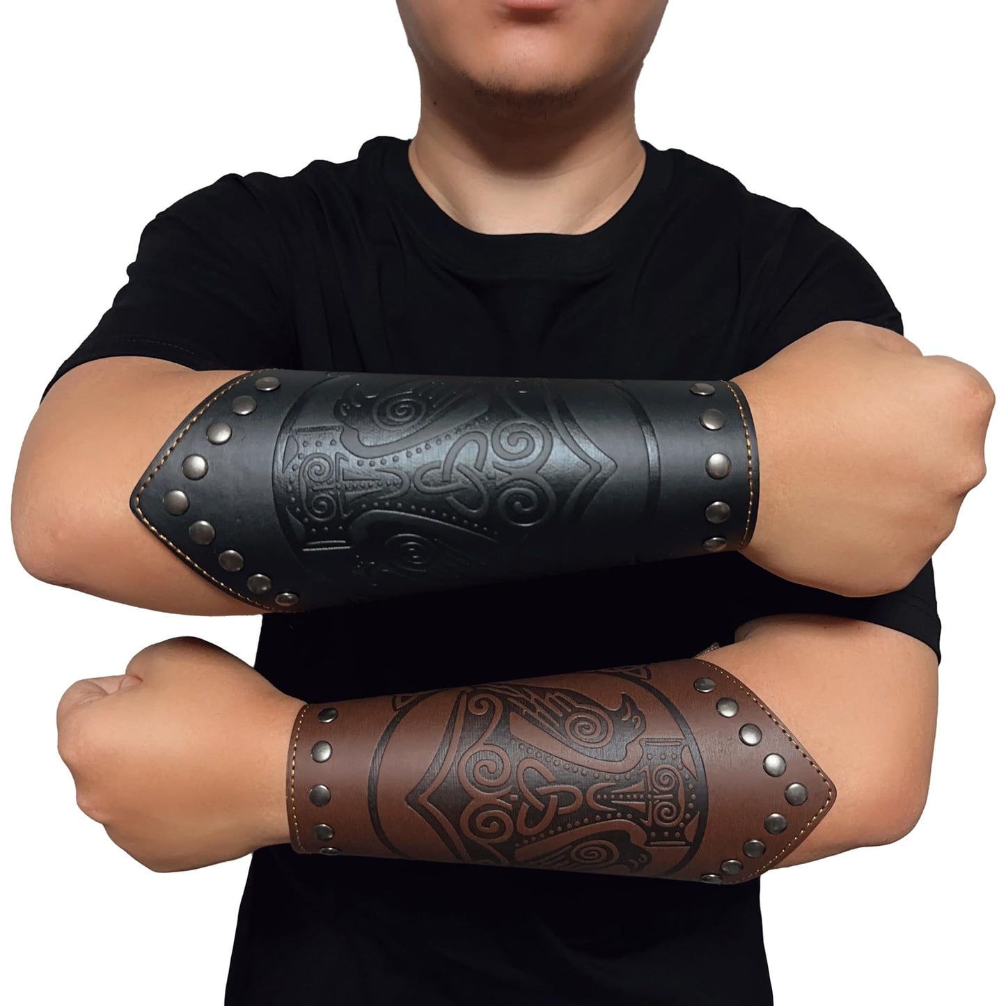 GelConnie Leather Gauntlet Wristband Viking Leather Arm Guard Medieval Armor Bracers Leather Armband Wrist Guards Cosplay Black Leather Bracers