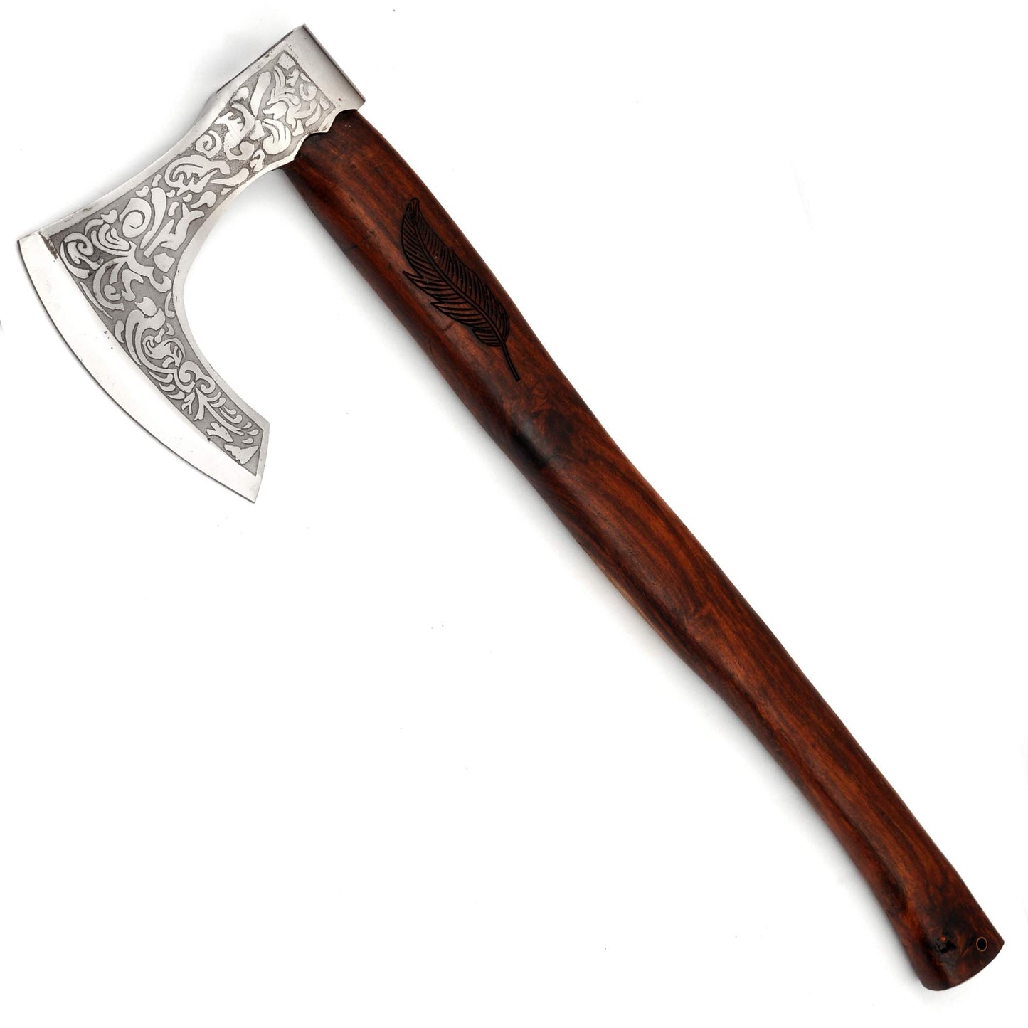 Viking Bearded Battle Axe Engraved Feather On Handle