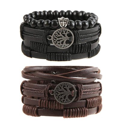 HZMAN Genuine Leather Tree of life Bracelets Men Women, Tiger Eye Natural Stone Lava Rock Beads Ethnic Tribal Elastic Bracelets Wristbands Classic Set