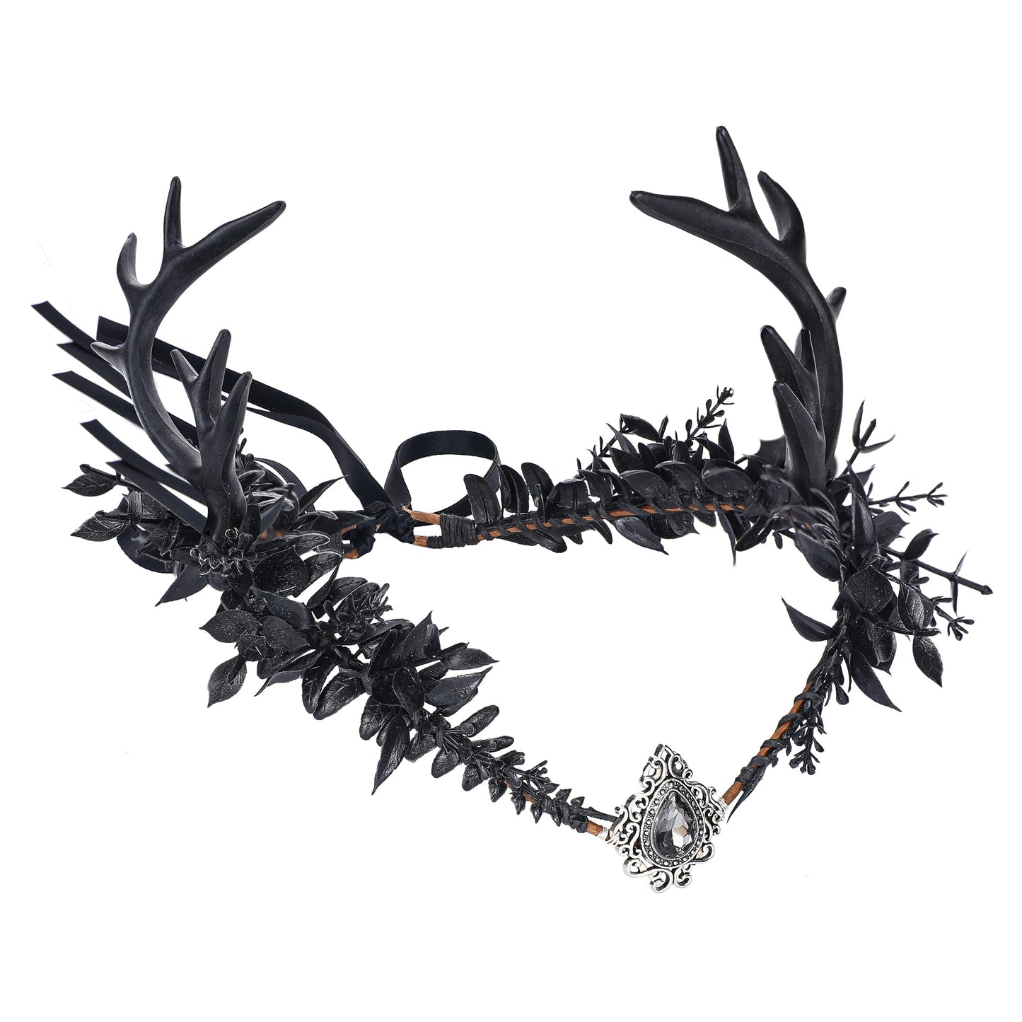 MOSTORY Handmade Gothic Elven Crown with Deer Horns Black Fairy Flower Headpiece Medieval Antler Hair Wreath Elf Cosplay Headband for Women Girls Wedding Bridal Renaissance Fair Halloween