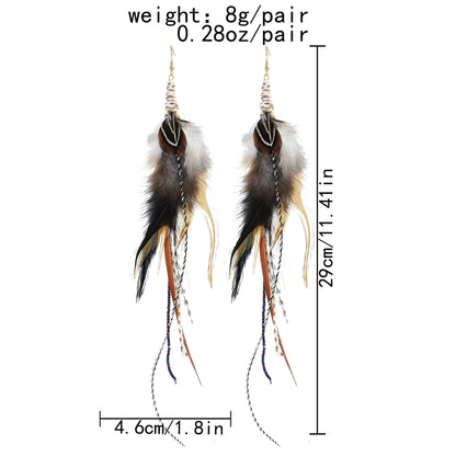 Punk Vintage Long Tassel Feather Beads Drop Wolf Tooth Pendant Earring Fish Hook Earrings Brown A