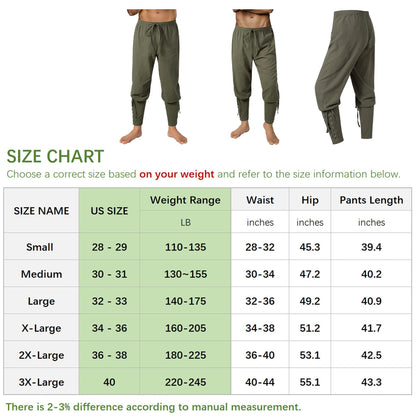 Men's Medieval Ankle Pants - Viking Pirate Renaissance Costume Trousers with Drawstrings & Banded Cuffs 28,29 Army Green