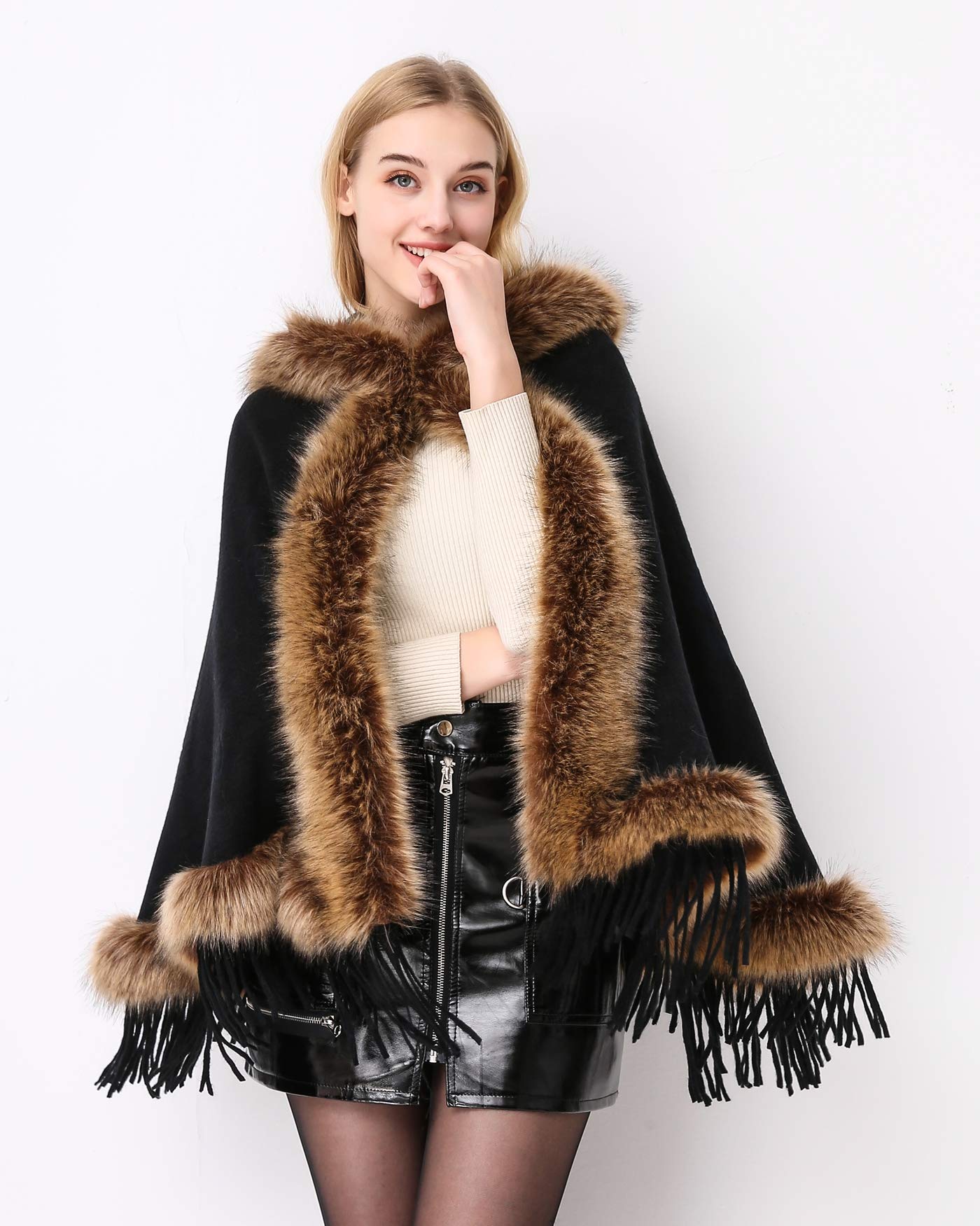 Faux Fur Shawl Wrap Stole Capelet Bridal Winter Wedding with Hook Hooded-black