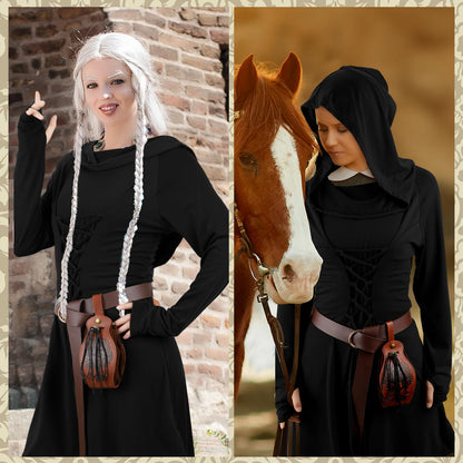 Toulite Women Halloween Renaissance Costume Hooded Dress Viking Belt Medieval Leather Drawstring Pouch Steampunk Belt (Army Green,X-Large) X-Large Army Green