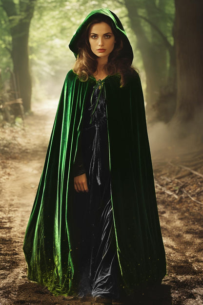 HOMELEX Black Witch Velvet Cloak Halloween Maleficent Hooded Cape Queen King Robe Outfit Renaissance Medieval Costume Green