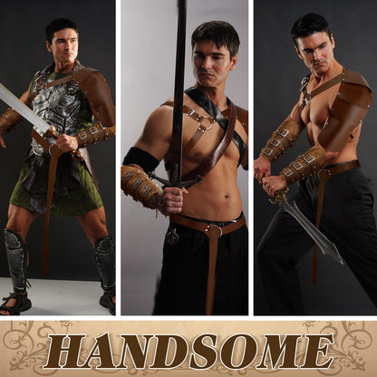 4 Pcs Halloween Renaissance Accessories Medieval Adults Leather Single Shoulder Armor Cover Cape Faux Leather Arm Guards Medieval Knight Viking Belt for Adults Costume Cosplay Party, Brown