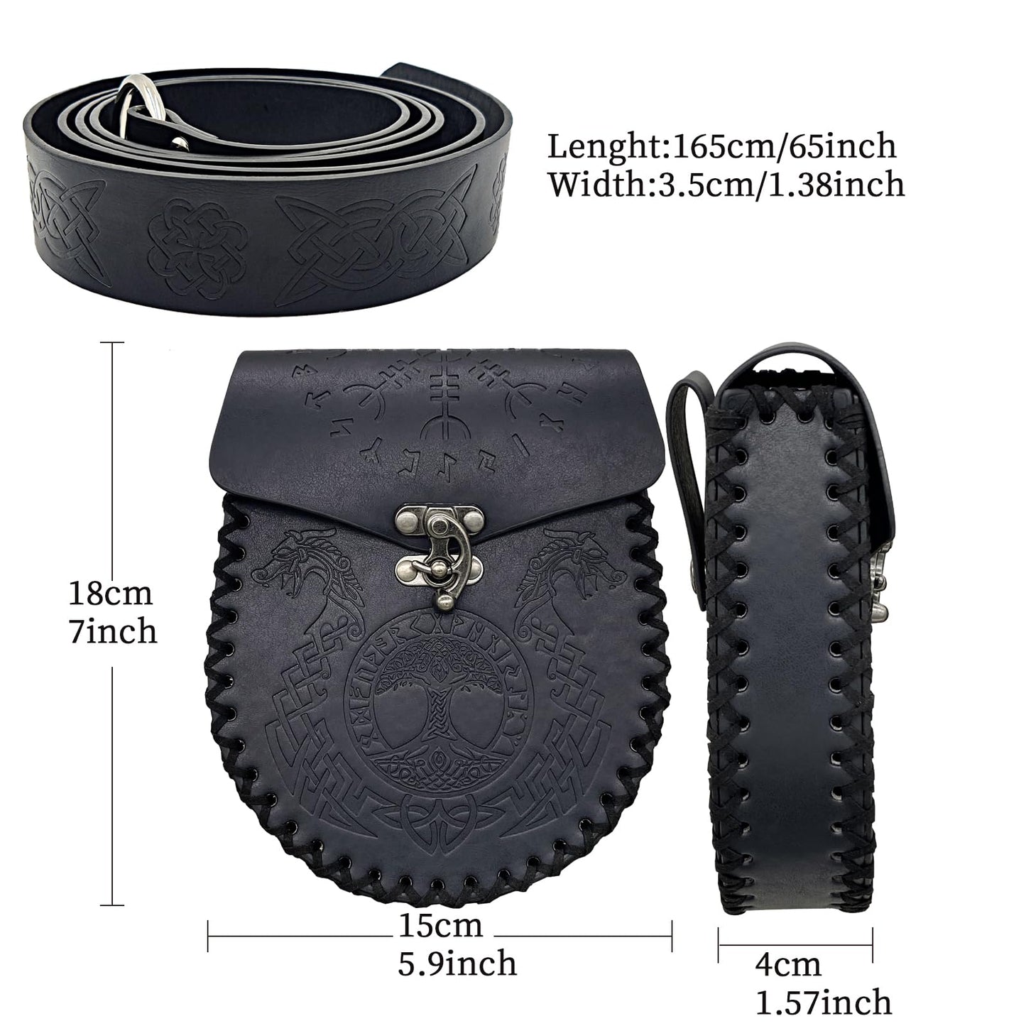 Medieval Viking Embossed O Ring Belt with Nordic Embossed Belt Bag