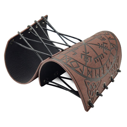 HiiFeuer Viking Vegvisir Embossed Leather Arm Armor 3 Colors LARP Gauntlet Leather Armor Bracer Brown