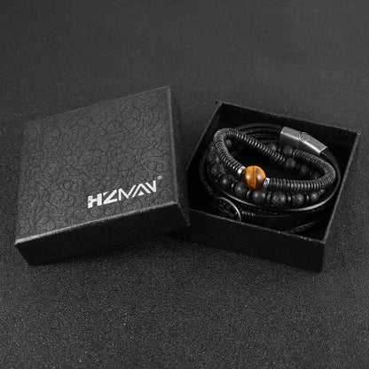 HZMAN Genuine Leather Tree of life Bracelets Men Women, Tiger Eye Natural Stone Lava Rock Beads Ethnic Tribal Elastic Bracelets Wristbands Classic Set
