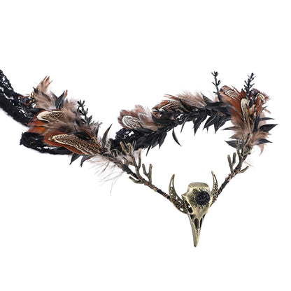 MOSTORY Handmade Brown Feather Crown - Gothic Flower Headpiece Elf Moon Cirlet with Crow Skull Dark Woodland Tiara for Women Girls Witch Renaissance Halloween Cosplay Goth Wedding