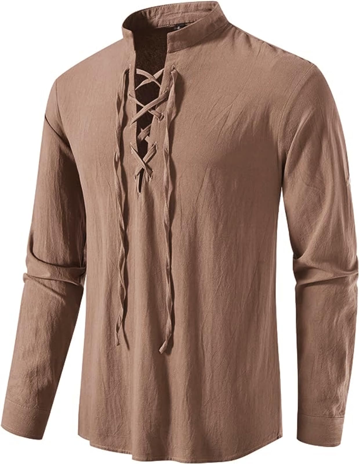 Men's Long Sleeve Shirts Retro Style Lace up for Medieval,Viking,Hippie Halloween Cosplay Pirate Renaissance Costume Small Khaki