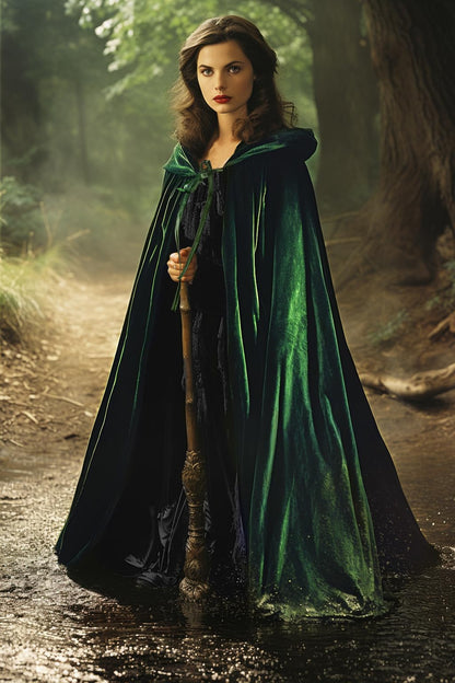 HOMELEX Black Witch Velvet Cloak Halloween Maleficent Hooded Cape Queen King Robe Outfit Renaissance Medieval Costume Green