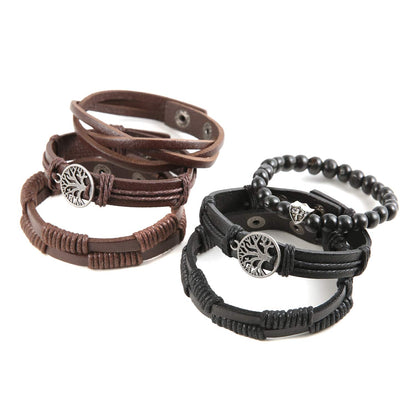 HZMAN Genuine Leather Tree of life Bracelets Men Women, Tiger Eye Natural Stone Lava Rock Beads Ethnic Tribal Elastic Bracelets Wristbands Classic Set