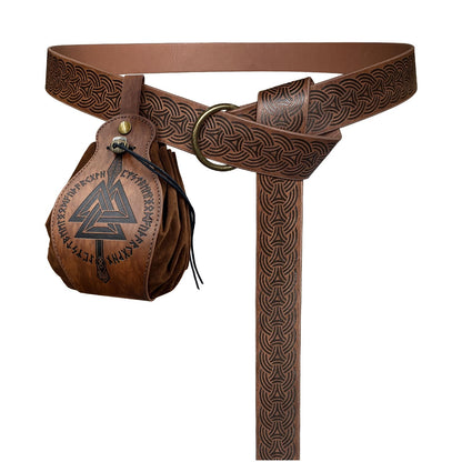HiiFeuer Medieval O Ring Belt with Portable Drawstring Pouch, Retro Renaissance Faux Leather Belt and Purse Set for LARP Brown C