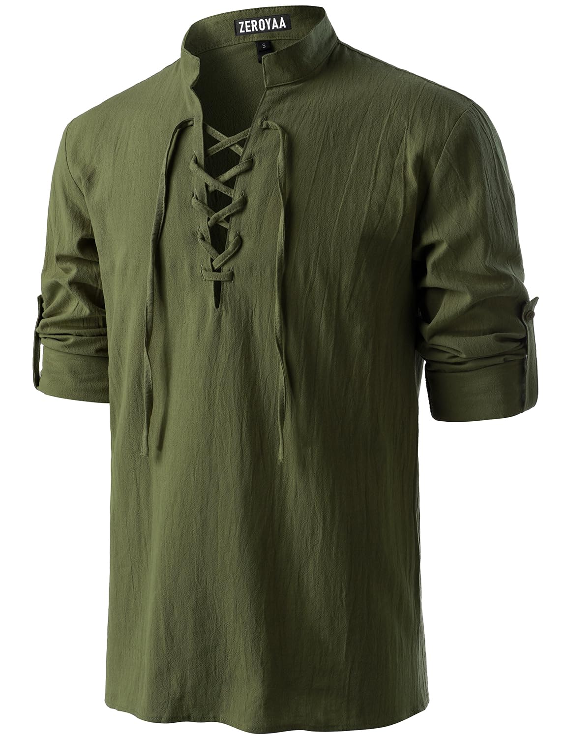 ZEROYAA Men's Medieval Vintage Long Sleeve Lace Up Shirt Renaissance Costume for Halloween Viking Pirate Cosplay XX-Large Army Green