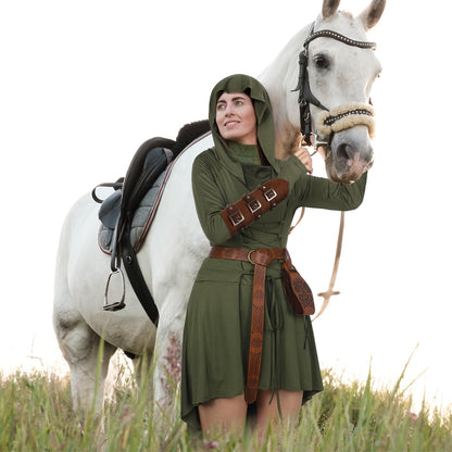 Suhine 5 Pcs Renaissance Women Costume Medieval Hooded Robe Vintage Faux Leather Arm Pouch Belt Carnival World Book Day Dark Green XX-Large