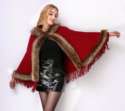 Faux Fur Shawl Wrap Stole Capelet Bridal Winter Wedding with Hook Hooded-black